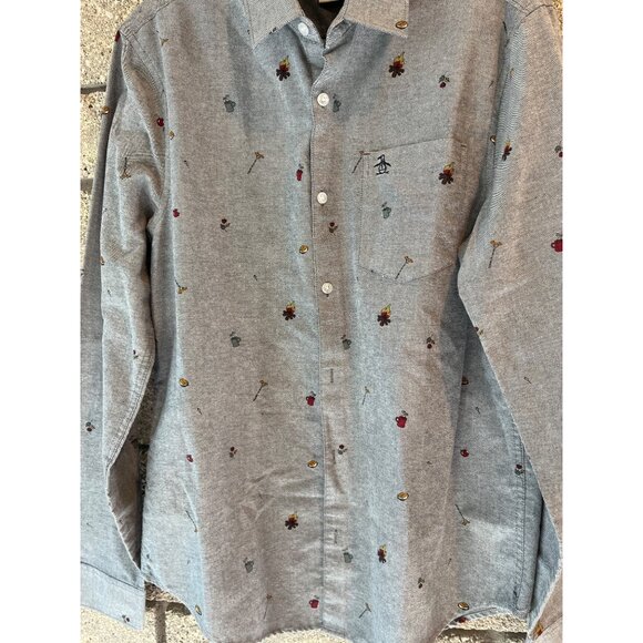 Heritage Slim Fit Penguin Button-Up Shirt With Campfire Print Gray Long-Sleeve C - Picture 2 of 7